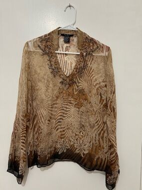 Ice Brown Sheer Embellished V-Neck Blouse